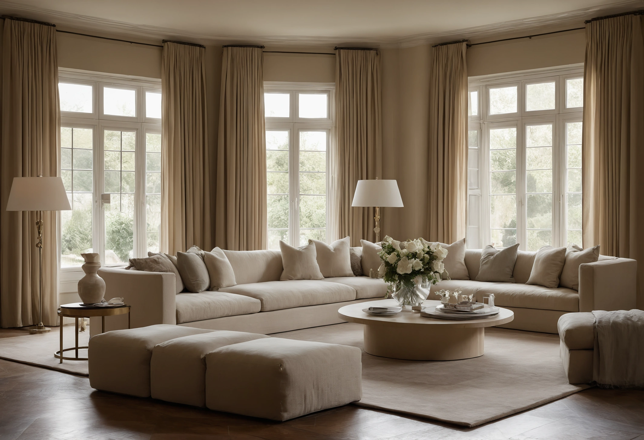 Large reception room prepared for a gathering with perimeter seating, side tables and layered lighting