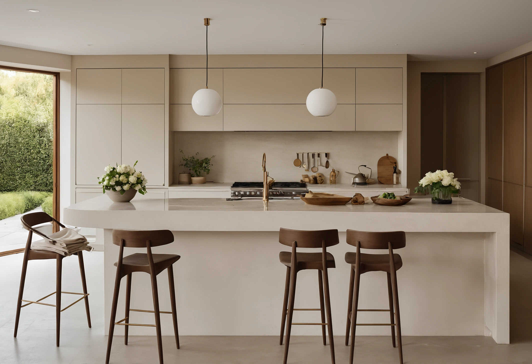 Kitchen island arranged as a service counter with glassware, trays and a folded linen runner