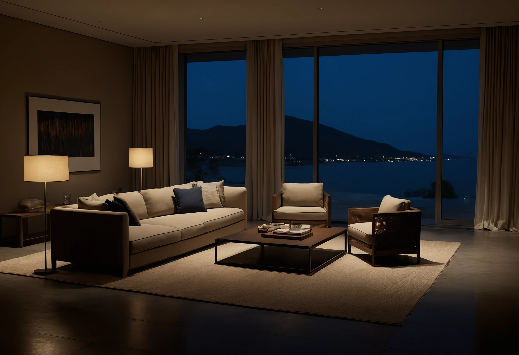 Living space at night lit only by table lamps, floor lamps and concealed cove lighting