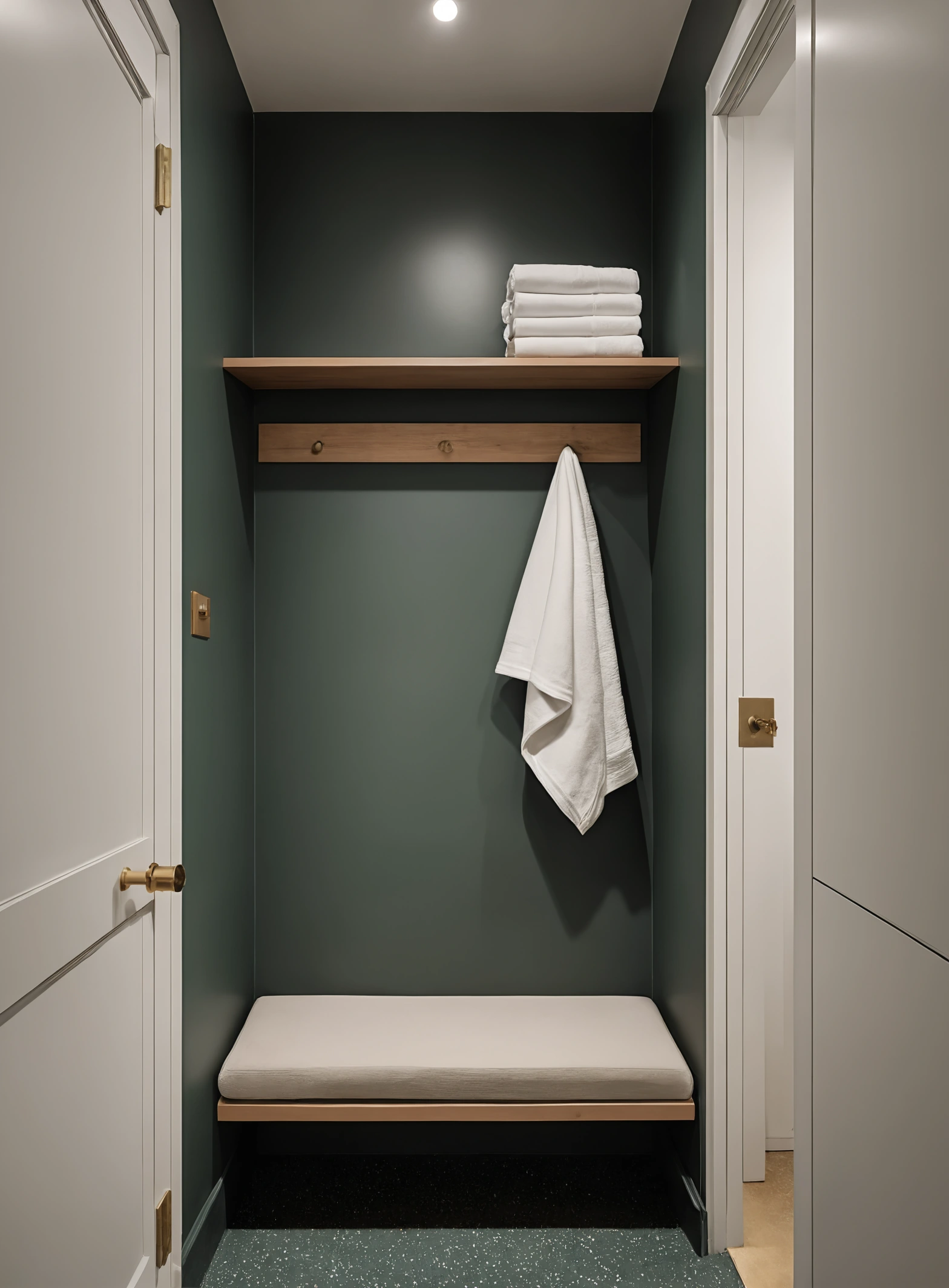 Cloakroom with a hanging rail, empty hangers, a shoe rack and a bench prepared for guests